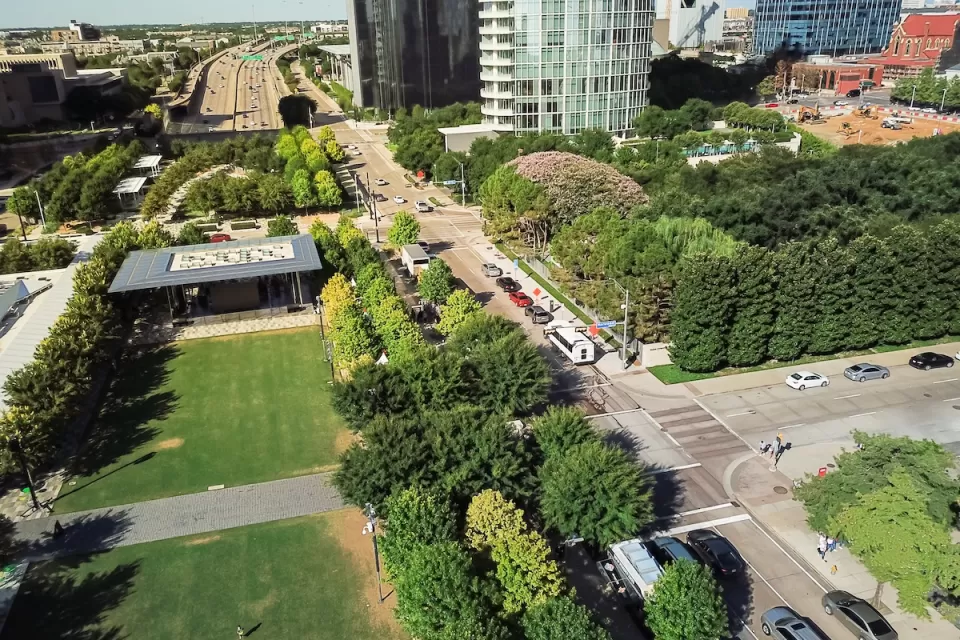 Aerial view of Klyde Warren deck park on freeway cap in downtown Dallas, Texas.